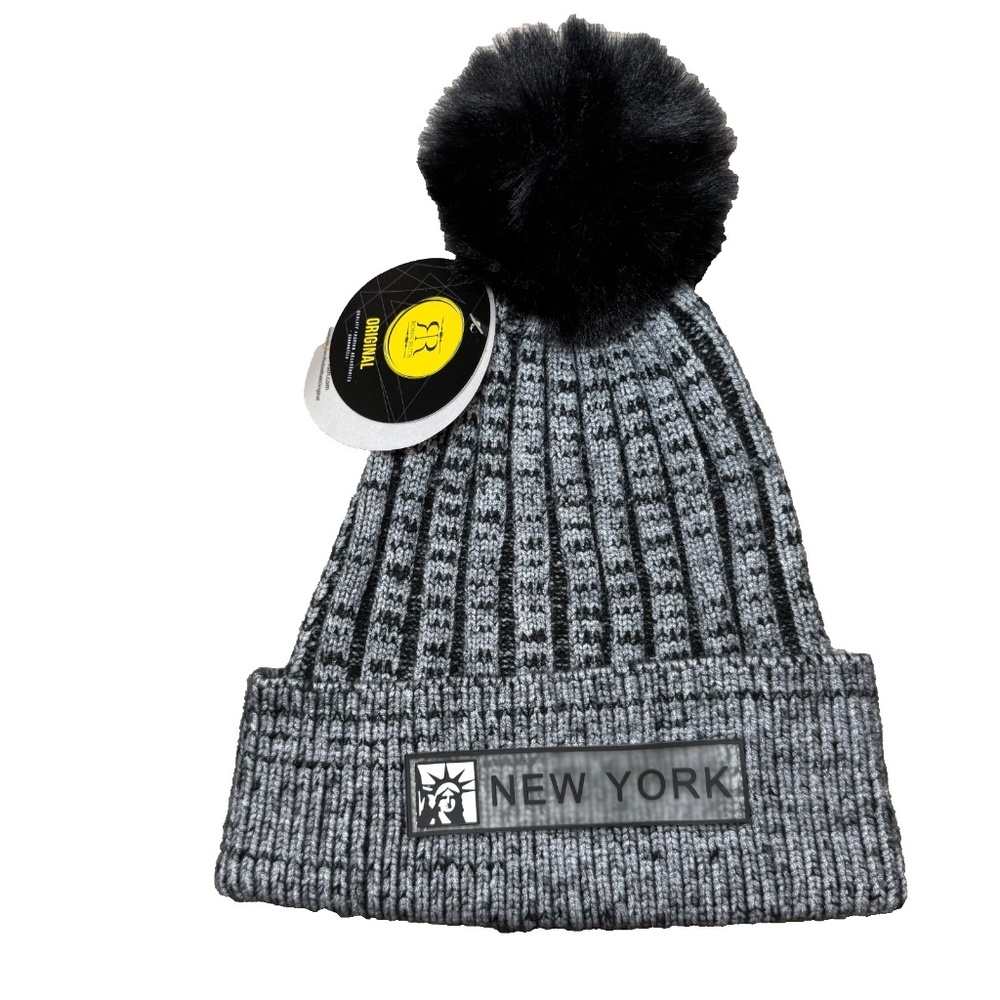 Share Robin Ruth New York Pom  Beanie Statue of Liberty Black / Grey OSFM (NWT)